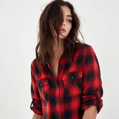 Woman in red plaid shirt