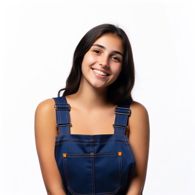 Smiling Latina girl in blue overalls