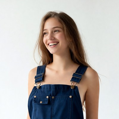 Smiling woman in denim overalls