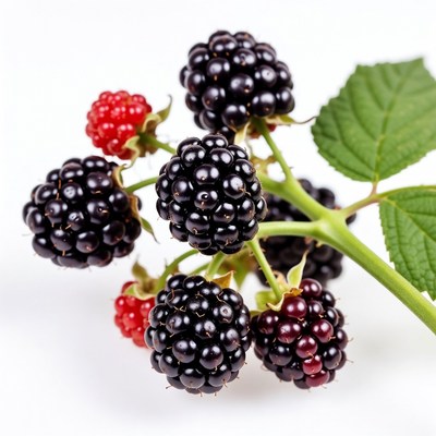 Fresh blackberries and raspberries on white