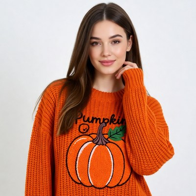 Woman in pumpkin sweater
