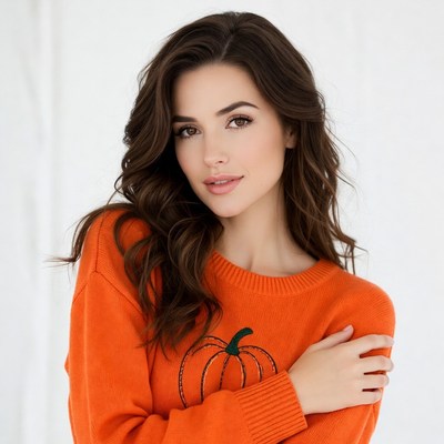 Woman in orange pumpkin sweater