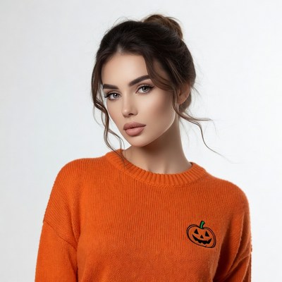 Woman in orange Halloween pumpkin sweater