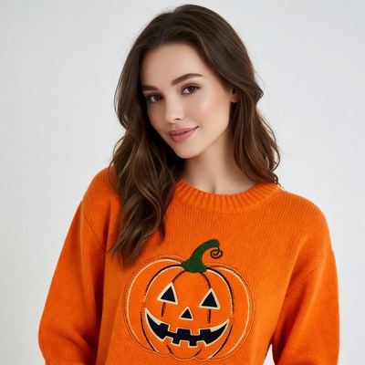 Woman in orange pumpkin sweater