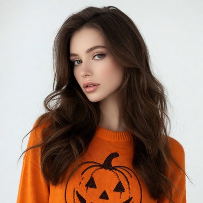 Woman in orange pumpkin sweater