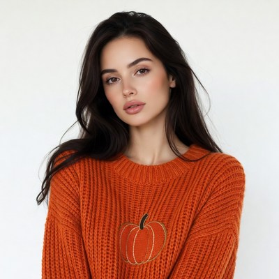 Woman in orange pumpkin sweater