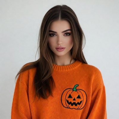 Woman in orange pumpkin sweater