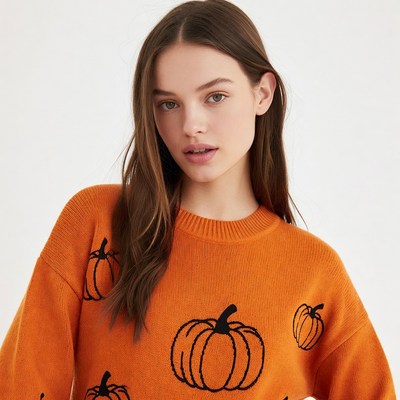Woman in orange pumpkin sweater