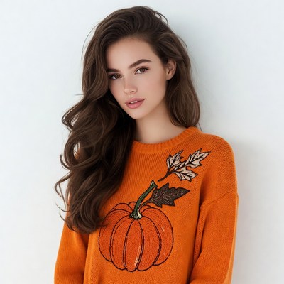 Woman in pumpkin sweater
