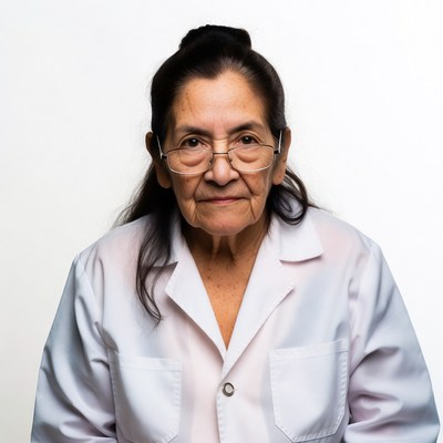 Elderly Latina woman in white lab coat