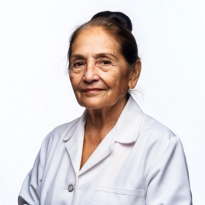 Elderly woman in white lab coat