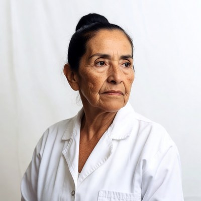 Elderly Latina woman in white lab coat