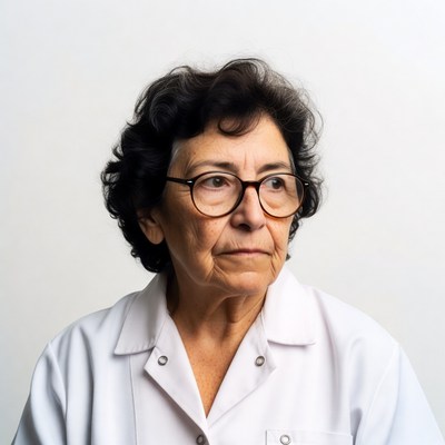 Elderly woman in white lab coat