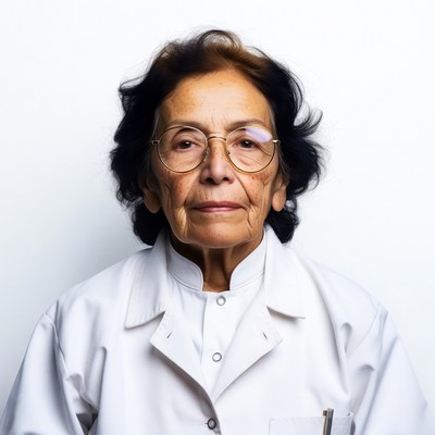Elderly Asian woman in white lab coat