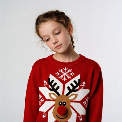 Girl in red reindeer Christmas sweater