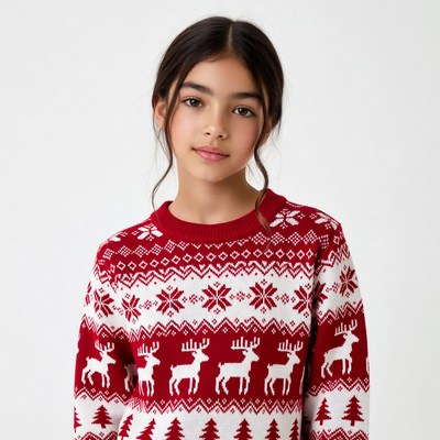 Girl wearing reindeer Christmas sweater