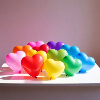 Rainbow heart balloons on table