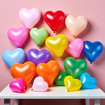 Colorful Heart Balloons on Pink Background