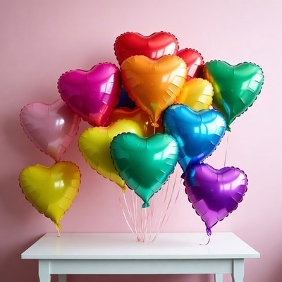 Colorful Heart Balloons on Table
