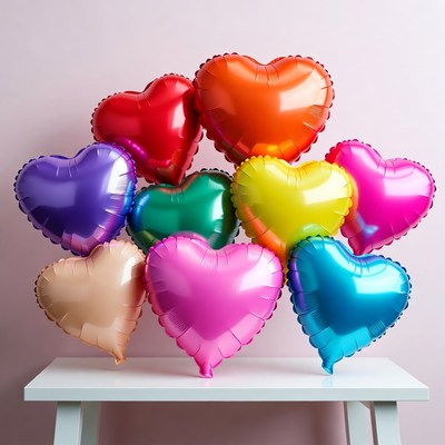 Colorful heart balloons on table