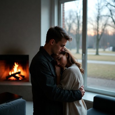 Man embracing woman by window