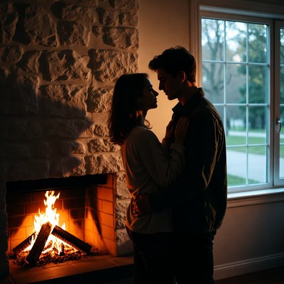 Couple embracing by fireplace