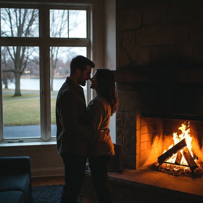 Couple embracing by fireplace