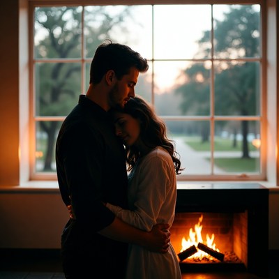 Couple embracing by window fireplace