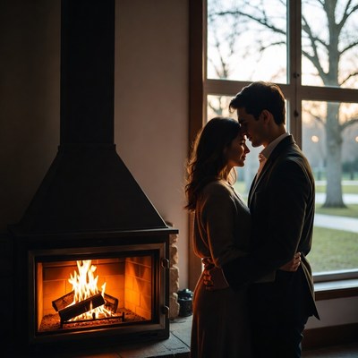 Couple embracing by fireplace