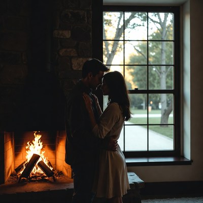 Couple embracing by fireplace