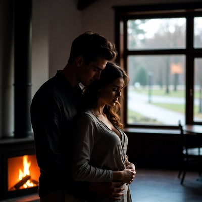 Man embracing woman by fireplace
