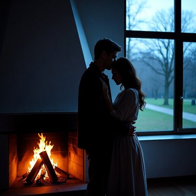 Silhouette couple embracing by fireplace