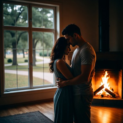 Couple embracing by fireplace