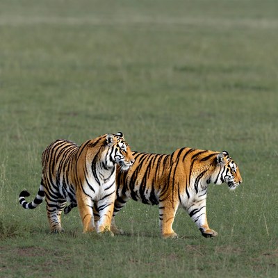 Two Tigers Walking in Grassland