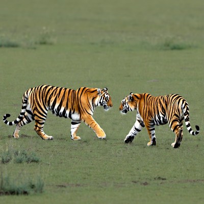 Two Tigers Facing Each Other in Grass