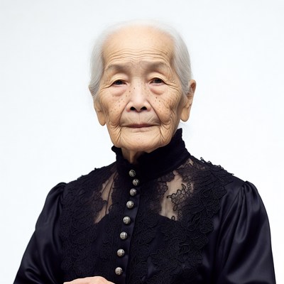 Elderly Asian woman in black lace dress