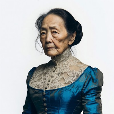 Elderly Asian woman in blue lace dress