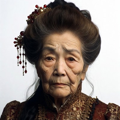 Elderly Asian woman in ornate dress