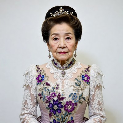 Elderly Asian woman in purple floral gown