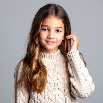 Smiling girl touching hair in sweater