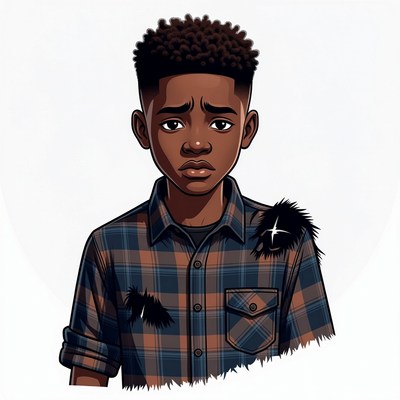 Sad African-American boy in plaid shirt