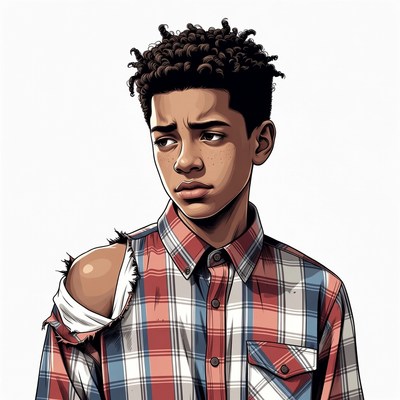 African-American boy in torn plaid shirt