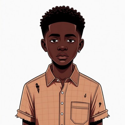 African-American boy in torn orange shirt