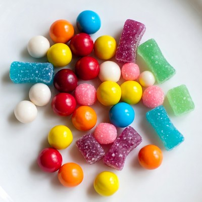 Colorful candies on white plate
