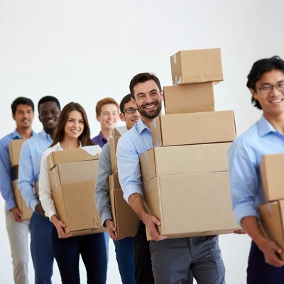 Diverse team carrying cardboard boxes