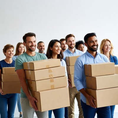 Diverse team carrying cardboard boxes