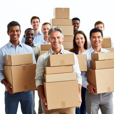 Diverse team holding cardboard boxes