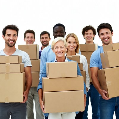 Diverse group holding cardboard boxes