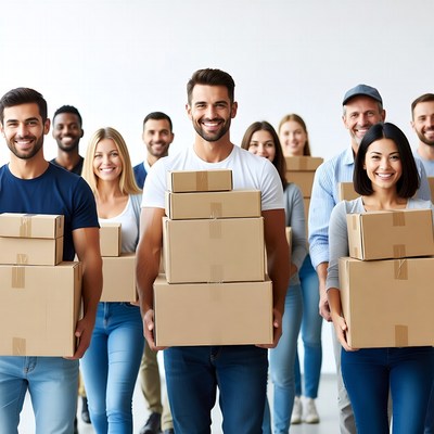 Diverse team holding cardboard boxes
