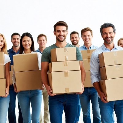 Diverse team holding cardboard boxes